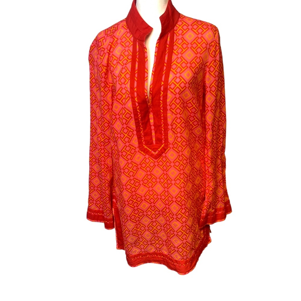 Tory Burch Red and Orange Geometric Silk Tunic Blouse